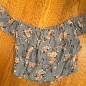 American Eagle Outfitters Dusty Blue Floral Off-Shoulder Ruffle Top